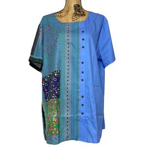 Blue Boho Patchwork Pattern Button Short Sleeve Tunic Top 2XL